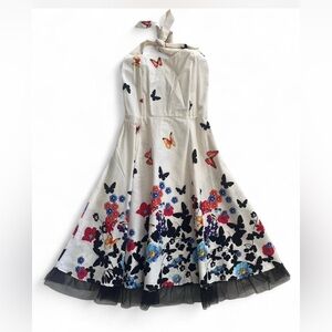 Pinup Style Cream Halter Dress with Butterfly Print and Tulle hemline